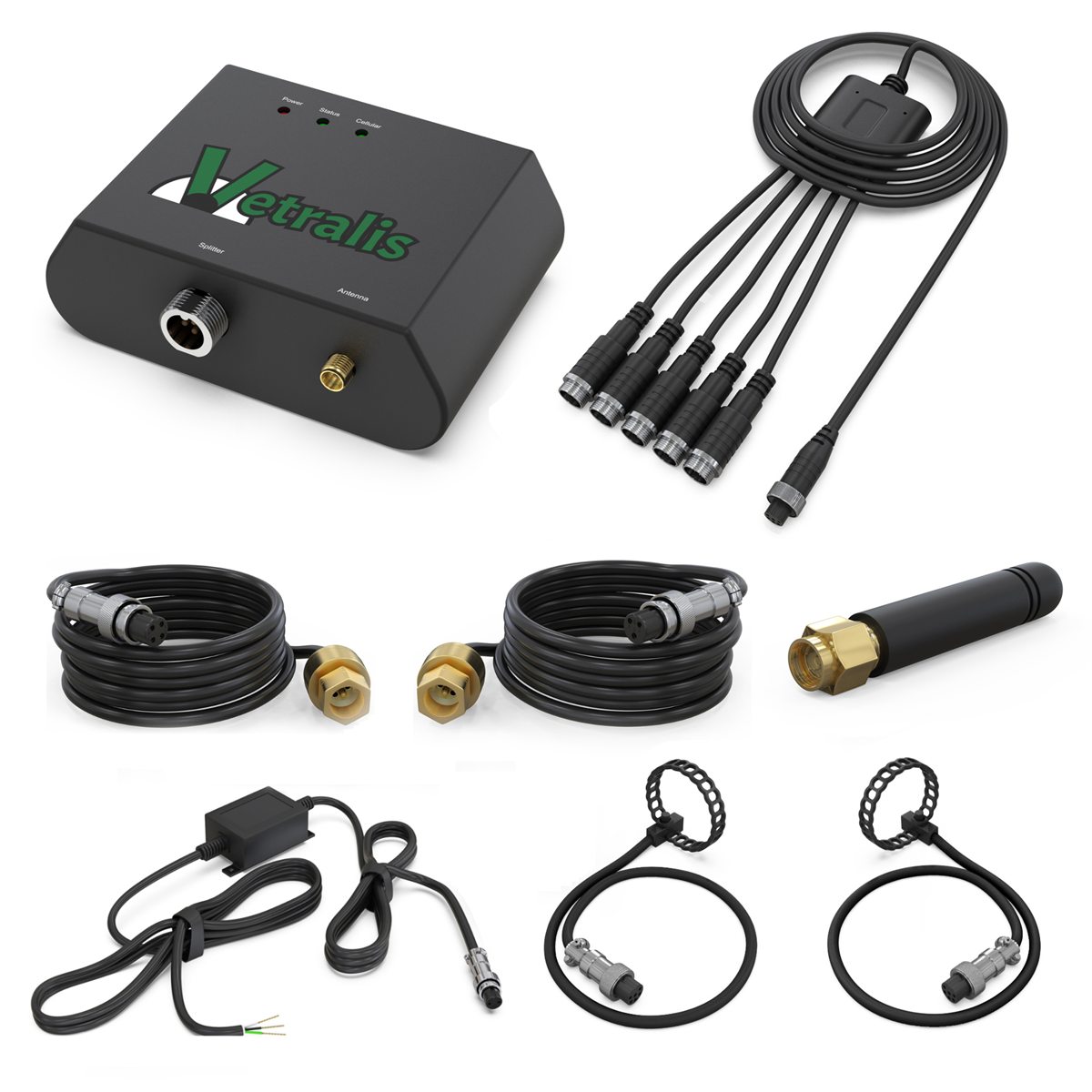 The complete Vetralis kit: cellular monitor, splitter harness, two pressure sensors, two strap-on temperature probes, antenna and power supply